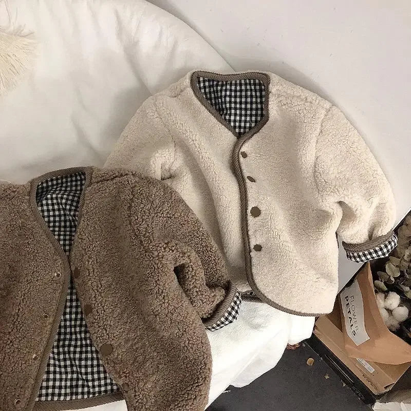 New Autumn and Winter New Warm Jacket Children Two Sides Wear Plaid Plush Jacket Kids Jackets Winter Clothes for Girls