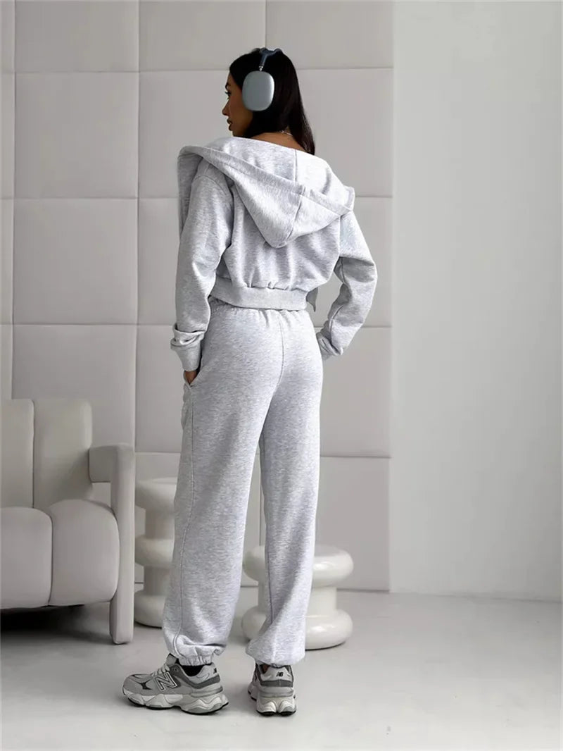 Sweatshirt Two-piece Suit Women's Casual Sports Sets Sexy High-waist Hoodies Short Zip-up Jacket Straight Trousers 2-piece Sets