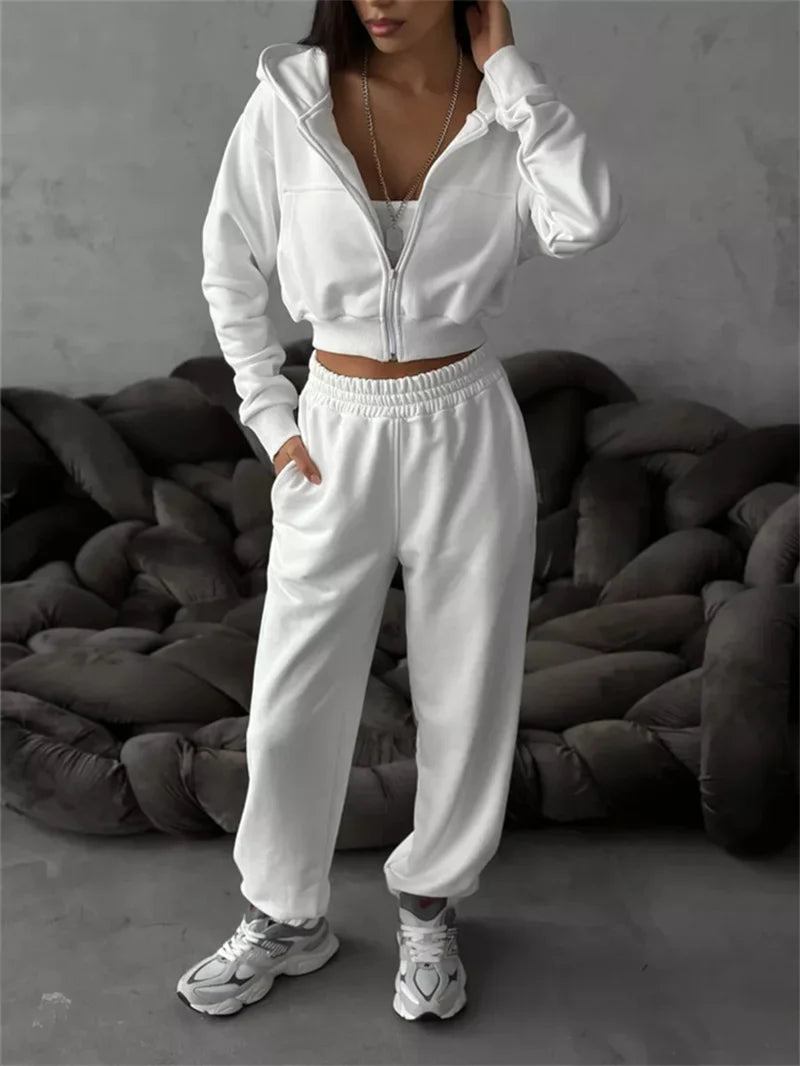 Sweatshirt Two-piece Suit Women's Casual Sports Sets Sexy High-waist Hoodies Short Zip-up Jacket Straight Trousers 2-piece Sets