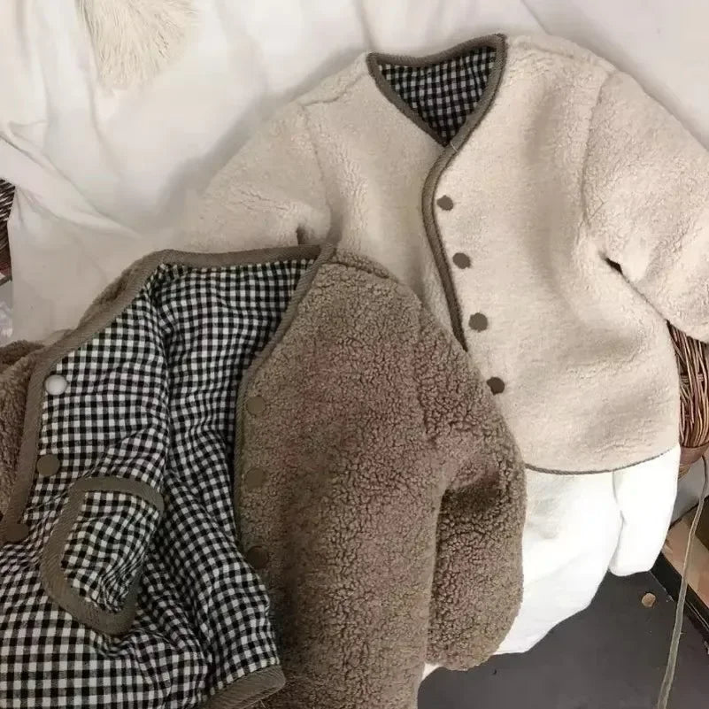 New Autumn and Winter New Warm Jacket Children Two Sides Wear Plaid Plush Jacket Kids Jackets Winter Clothes for Girls