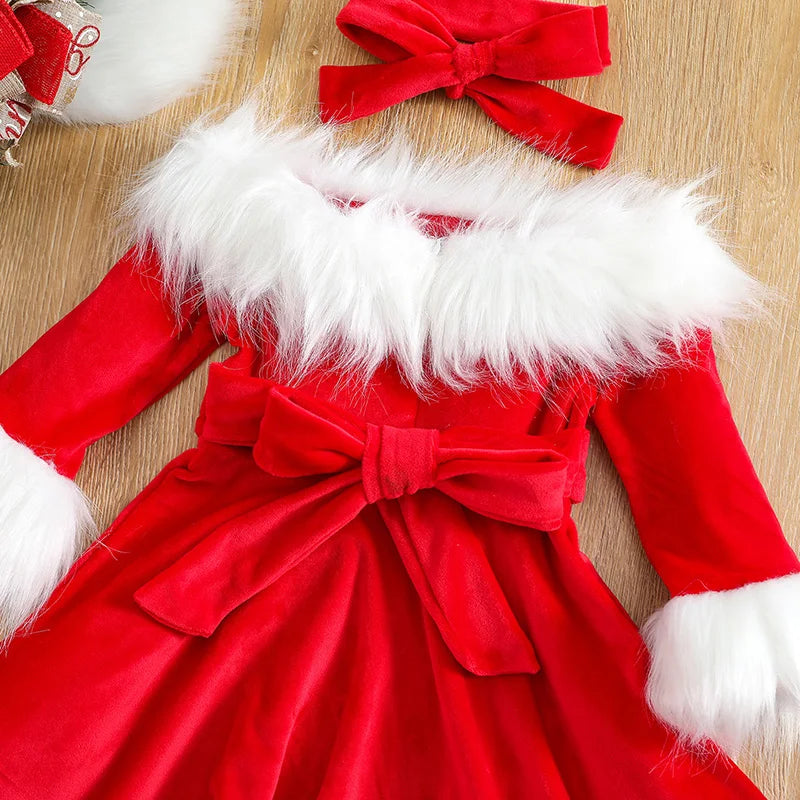 Toddler Baby Girl Christmas Dress Santa Claus Dress Red Velvet Long Sleeve Princess Tulle Dress Headband Outfit