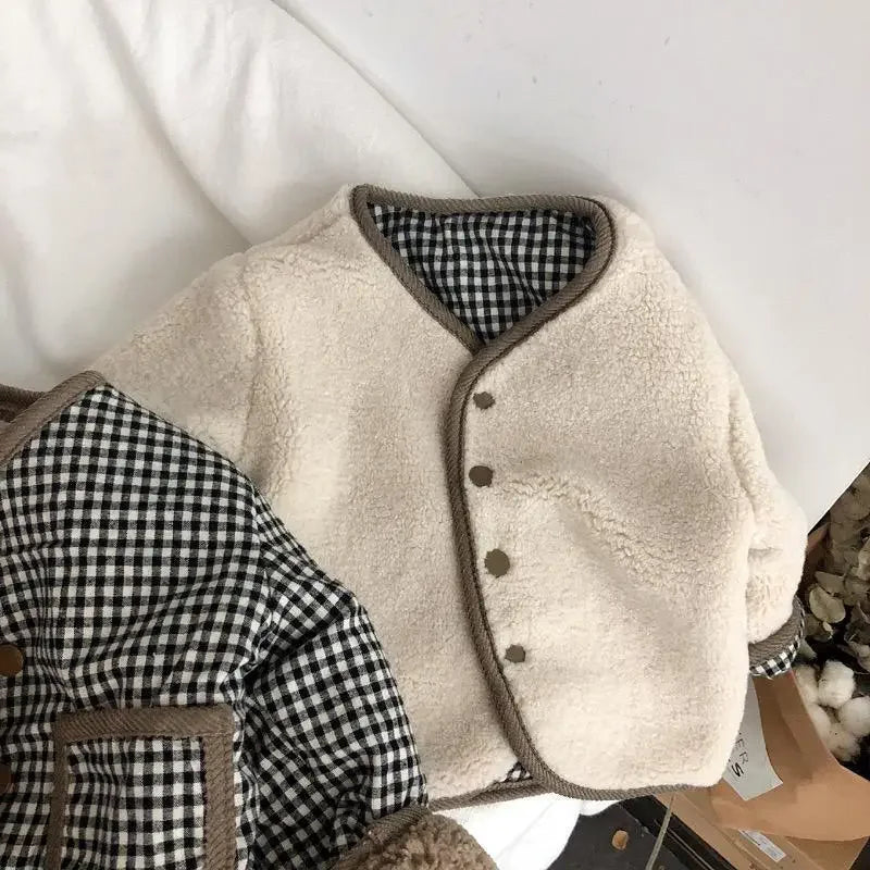 New Autumn and Winter New Warm Jacket Children Two Sides Wear Plaid Plush Jacket Kids Jackets Winter Clothes for Girls
