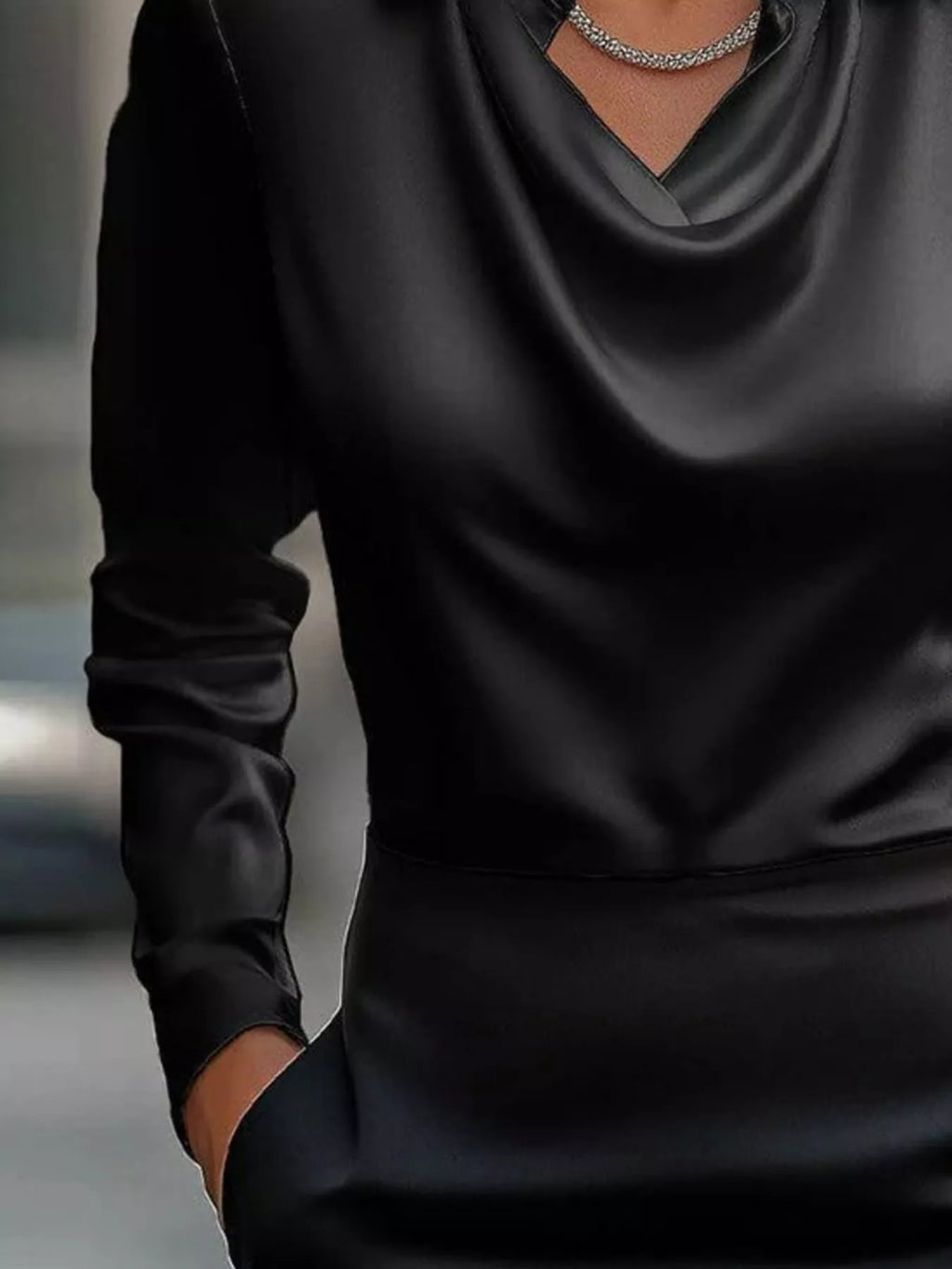Satin Cowl Neck Long Sleeve Blouse Regular and Plus Size