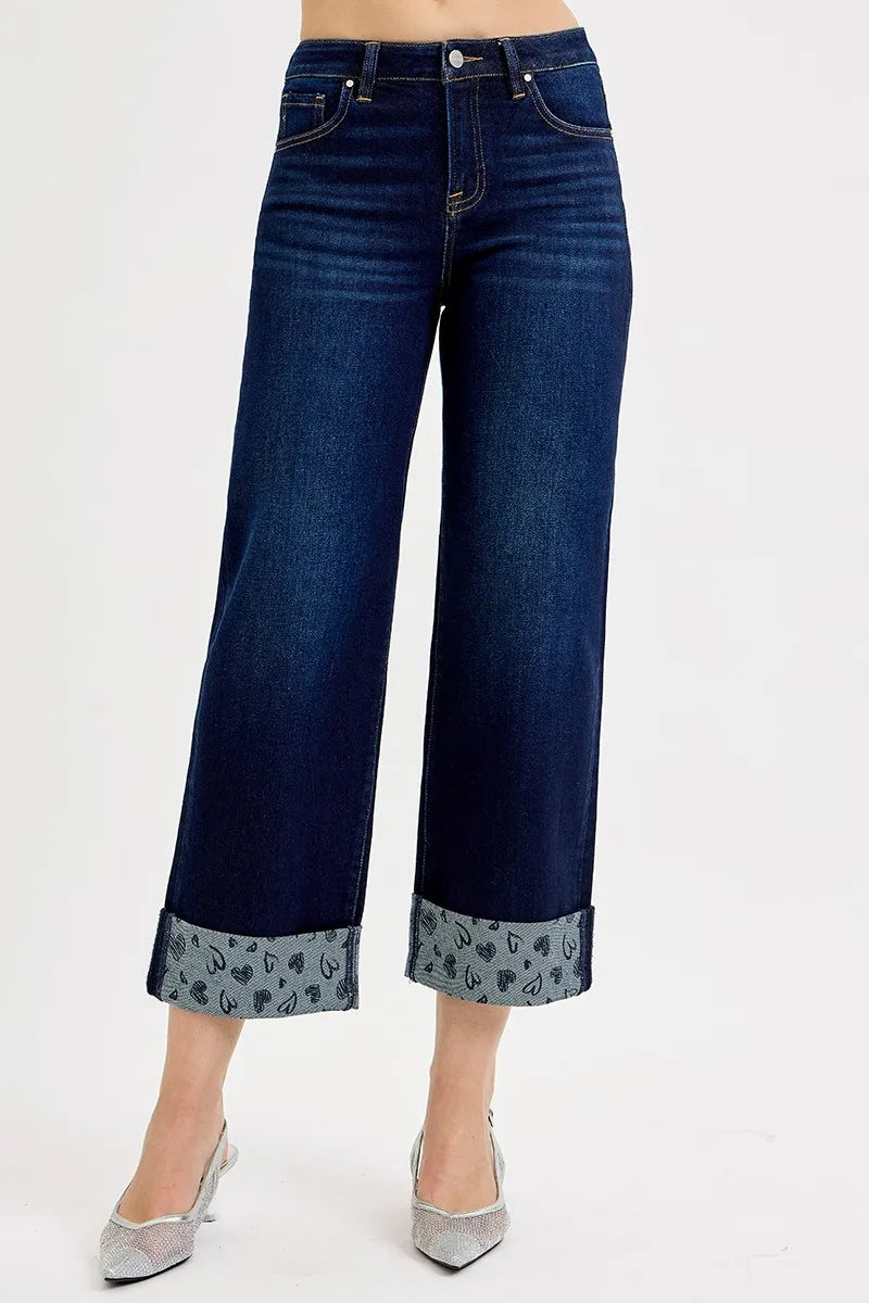 RISEN Mid Rise Crop with Printed Cuff Jeans