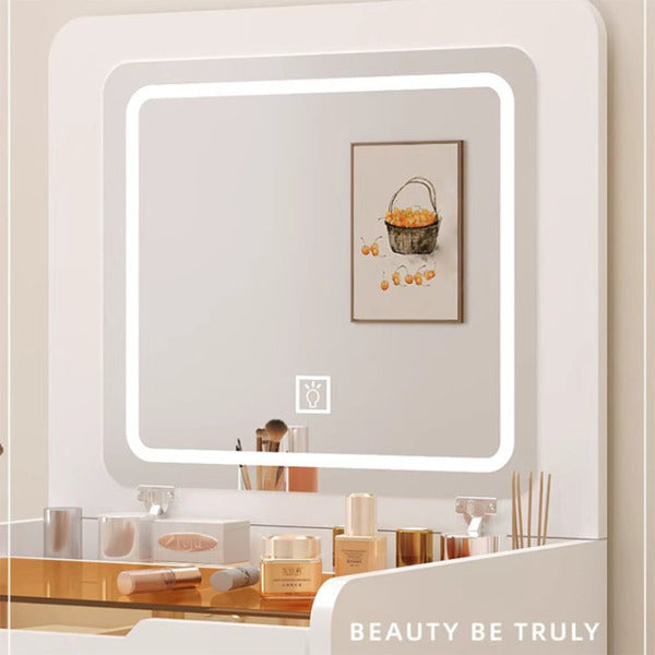 3 In 1 Dressing Table With Flip Mirror And Light, Small Makeup Vanity Set With Viewing Glass Tabletop, 3 Drawers, Storage Stool, 3 Color Lighted Mirror, Bedroom Dressing Table For Small Spaces