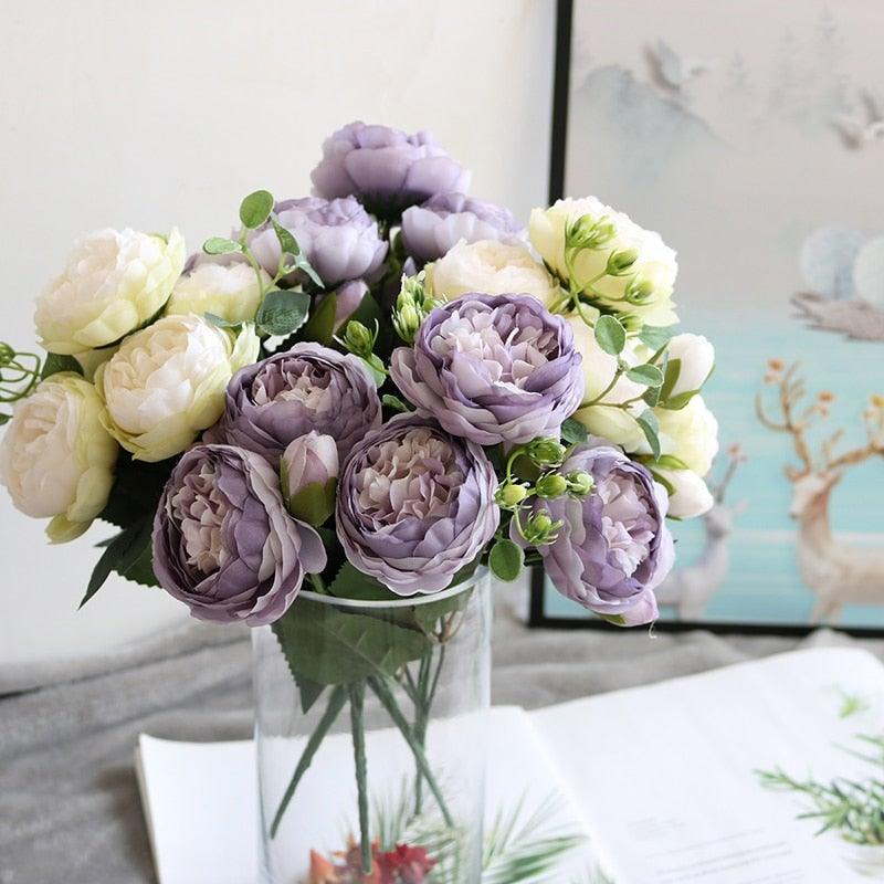 Beautiful Rose Peony Artificial Silk Eucalyptus Fake Flowers Small bouquet Flores Home Party Spring Wedding Decoration Artificial Silk Rose Flower Bouquet Lifelike Fake Rose for Wedding Home Party Decoration Event Gift