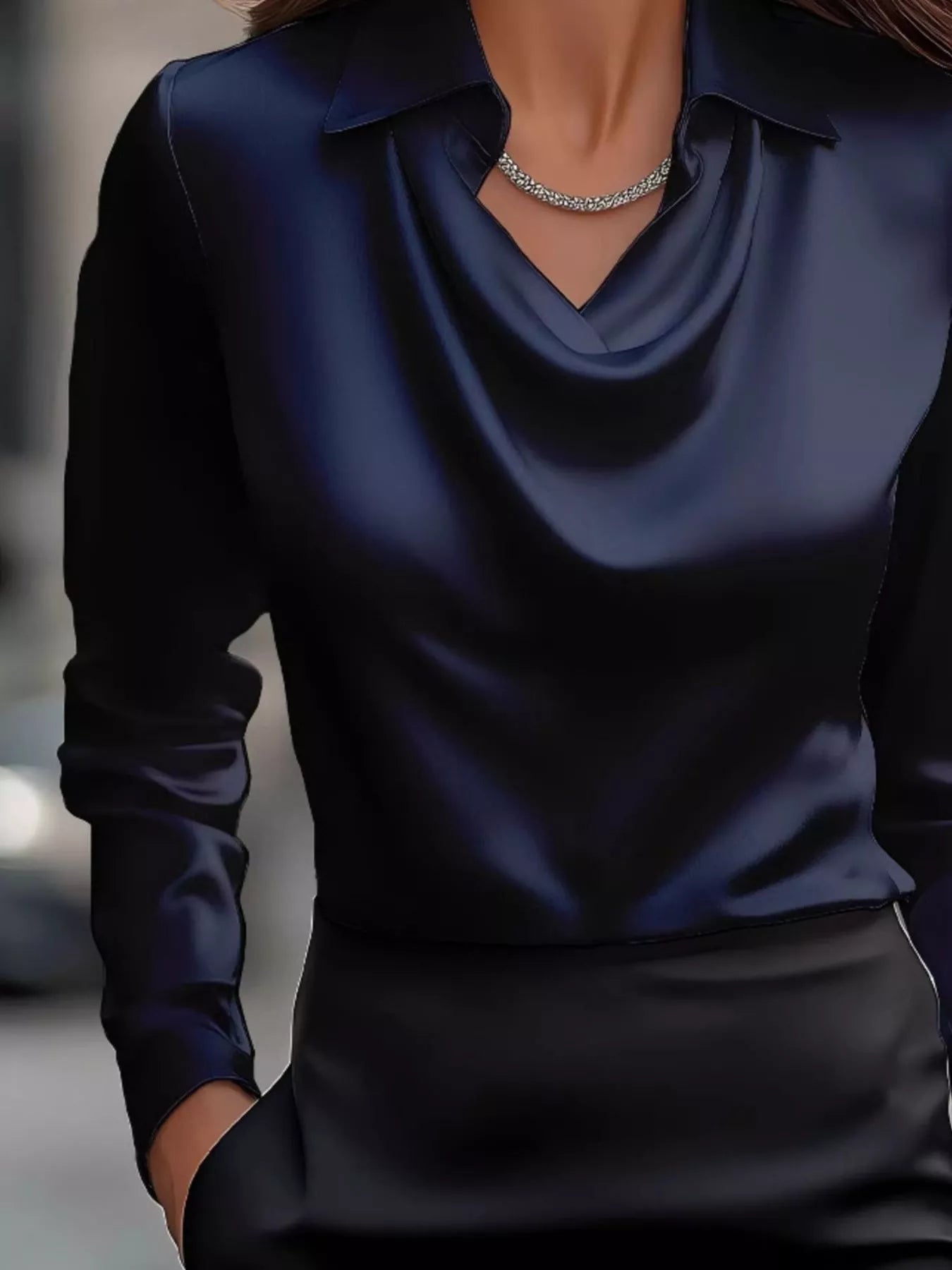 Satin Cowl Neck Long Sleeve Blouse Regular and Plus Size