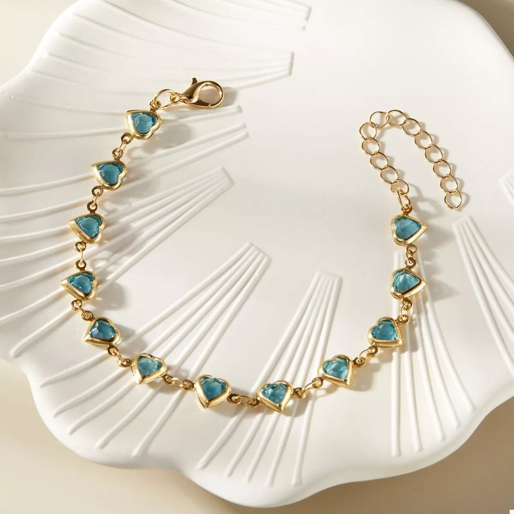 18K Gold-Plated Green Glass Diamond Heart Bracelet