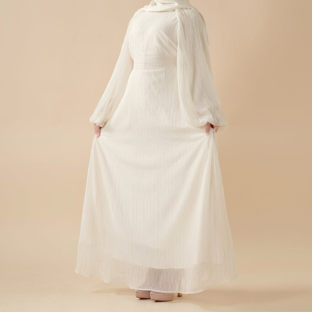 Cream White Puff Sleeves Abaya |  Pleat Textured Maxi Dress Abaya (MA152)