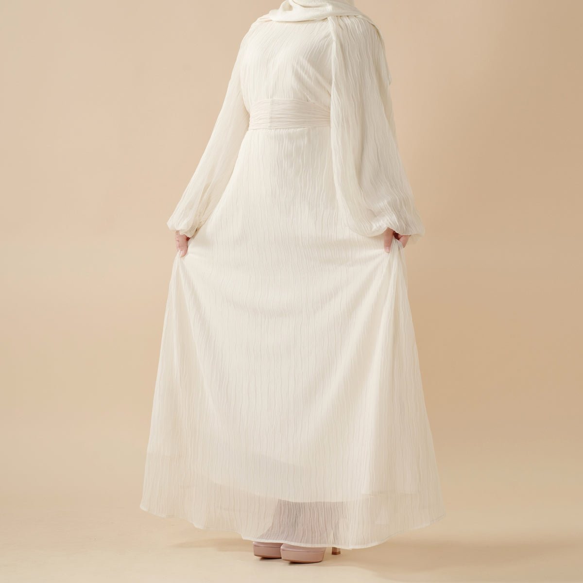 Cream White Puff Sleeves Abaya |  Pleat Textured Maxi Dress Abaya (MA152)