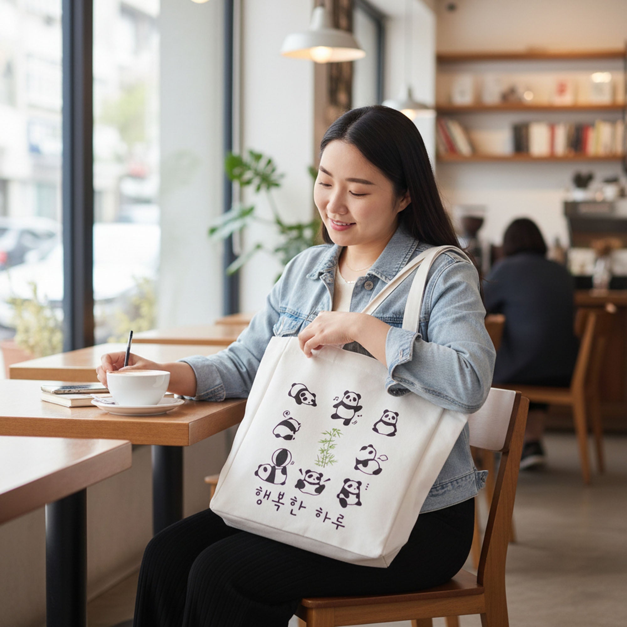 Cute Panda Tote with Zipper - Sustainable Flannel Bag with Inner Pocket