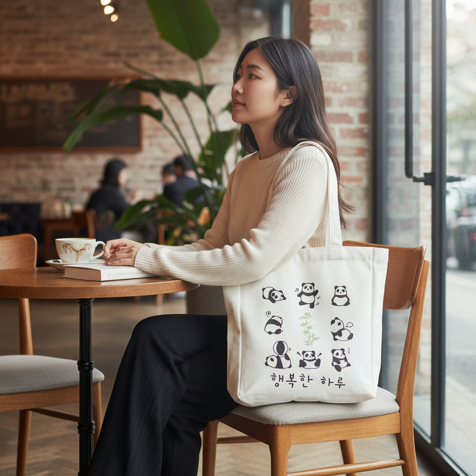 Cute Panda Tote with Zipper - Sustainable Flannel Bag with Inner Pocket