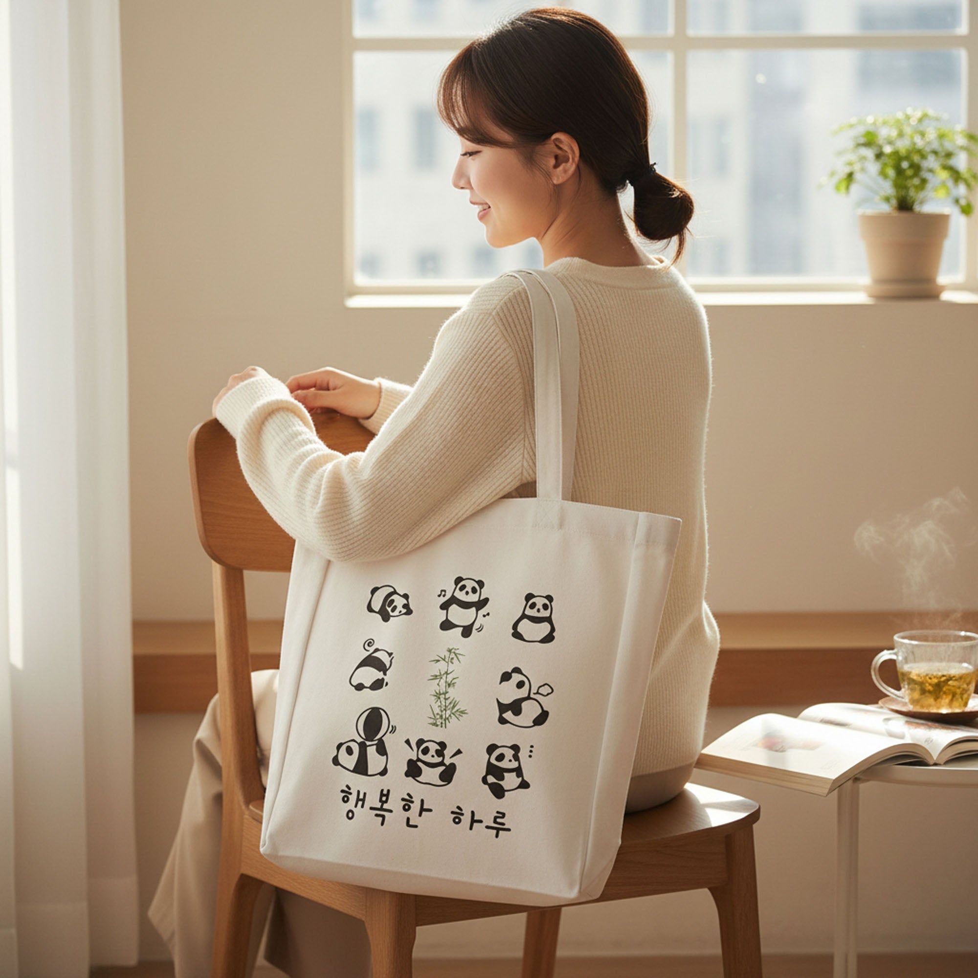 Cute Panda Tote with Zipper - Sustainable Flannel Bag with Inner Pocket