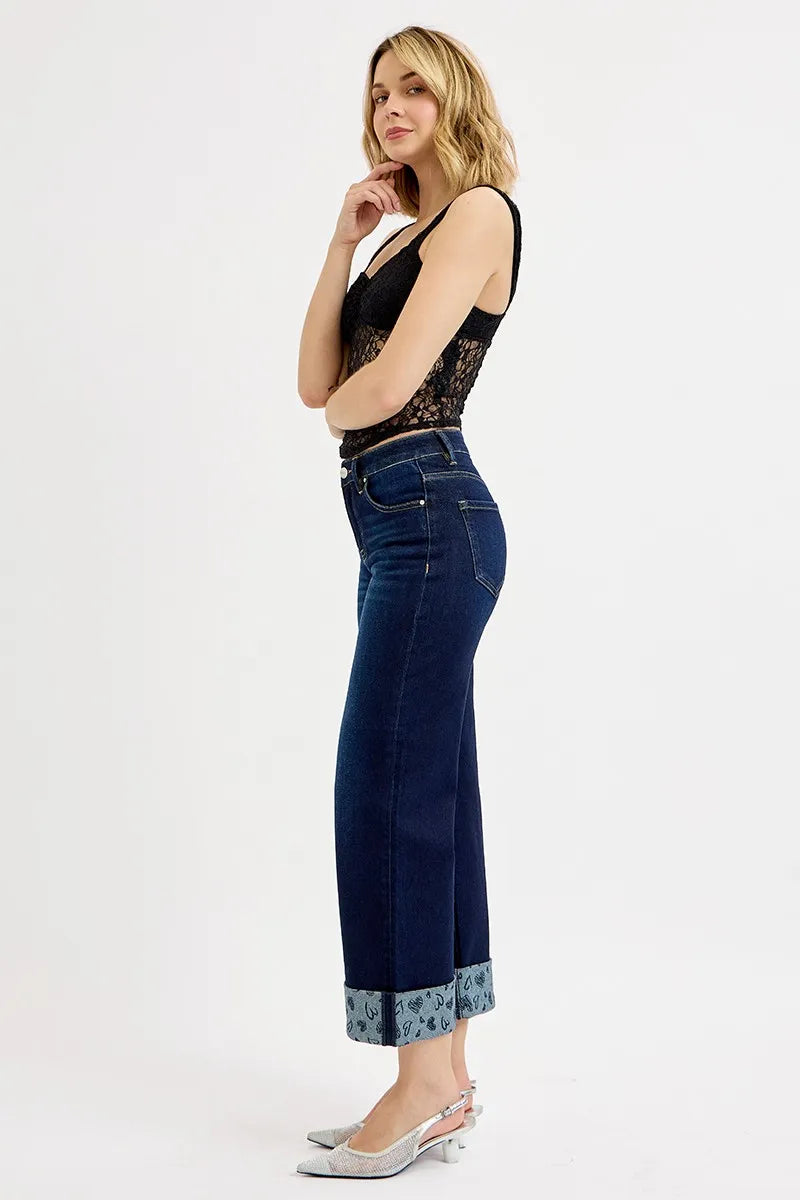 RISEN Mid Rise Crop with Printed Cuff Jeans