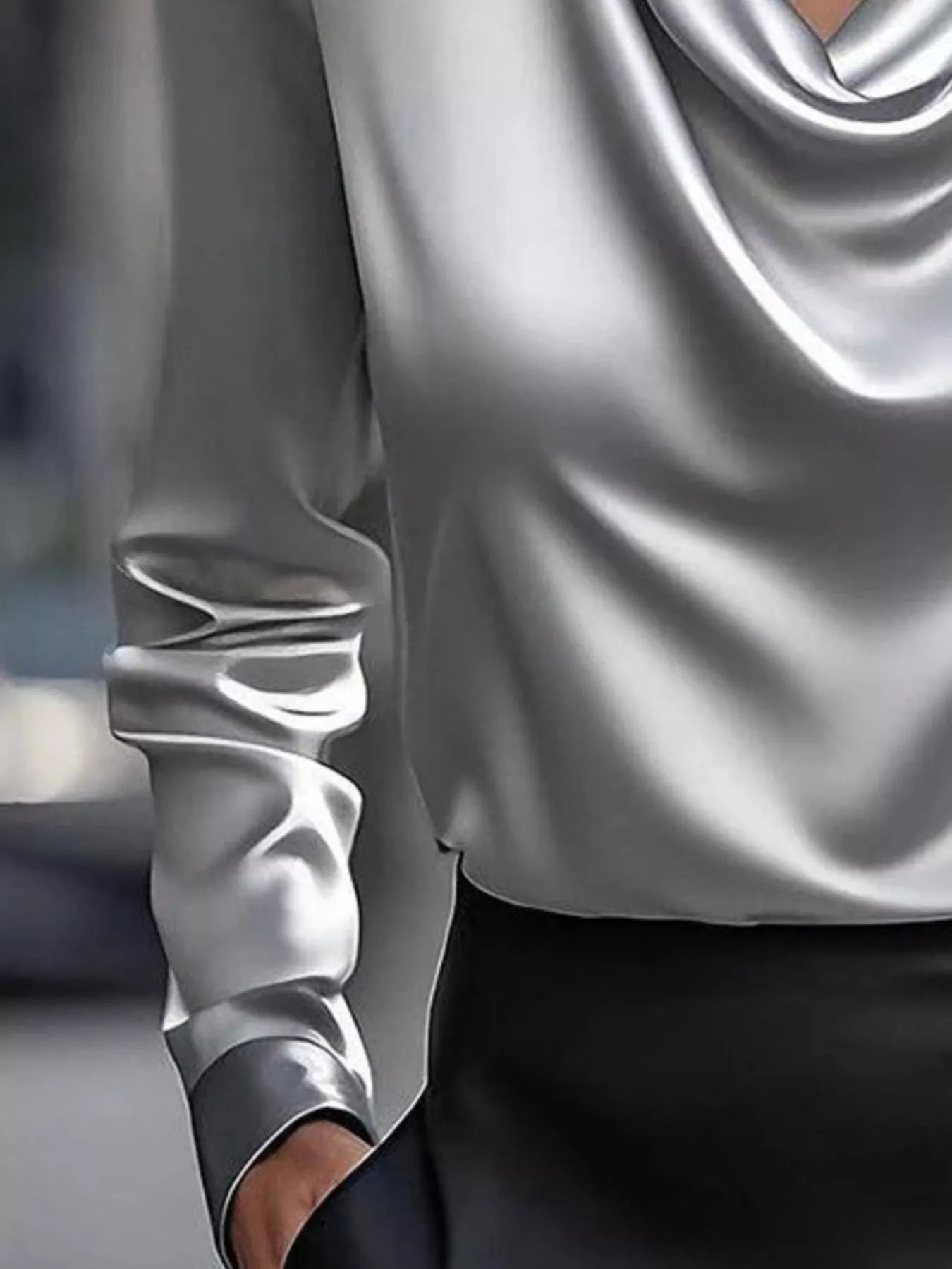 Satin Cowl Neck Long Sleeve Blouse Regular and Plus Size