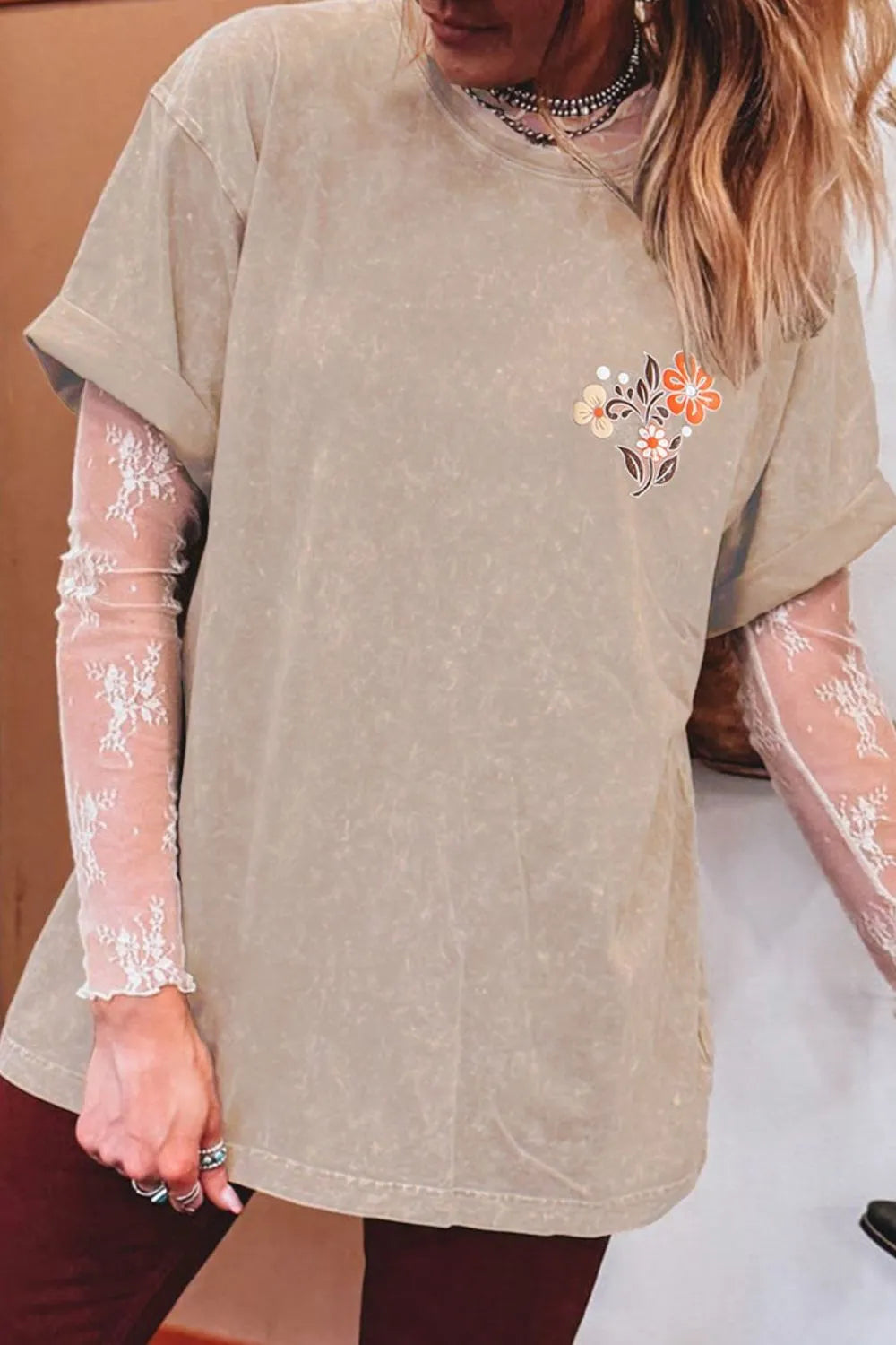 Mineral Wash Floral Steer Head Printed Back Western Fashion Tee