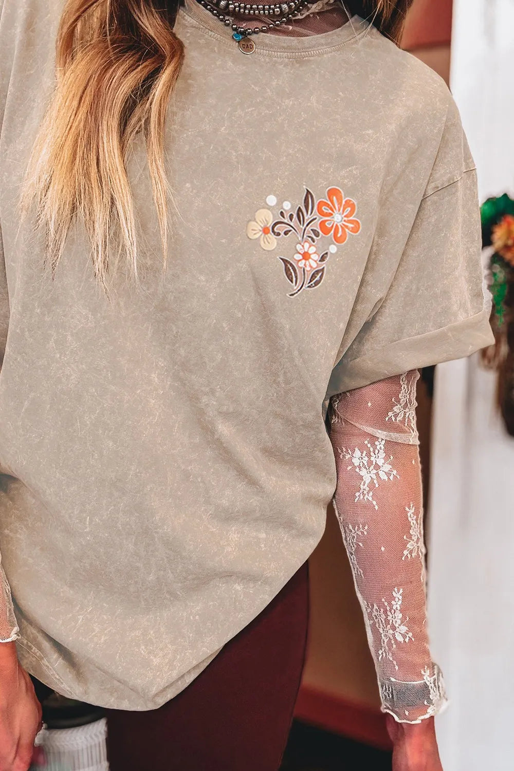 Mineral Wash Floral Steer Head Printed Back Western Fashion Tee