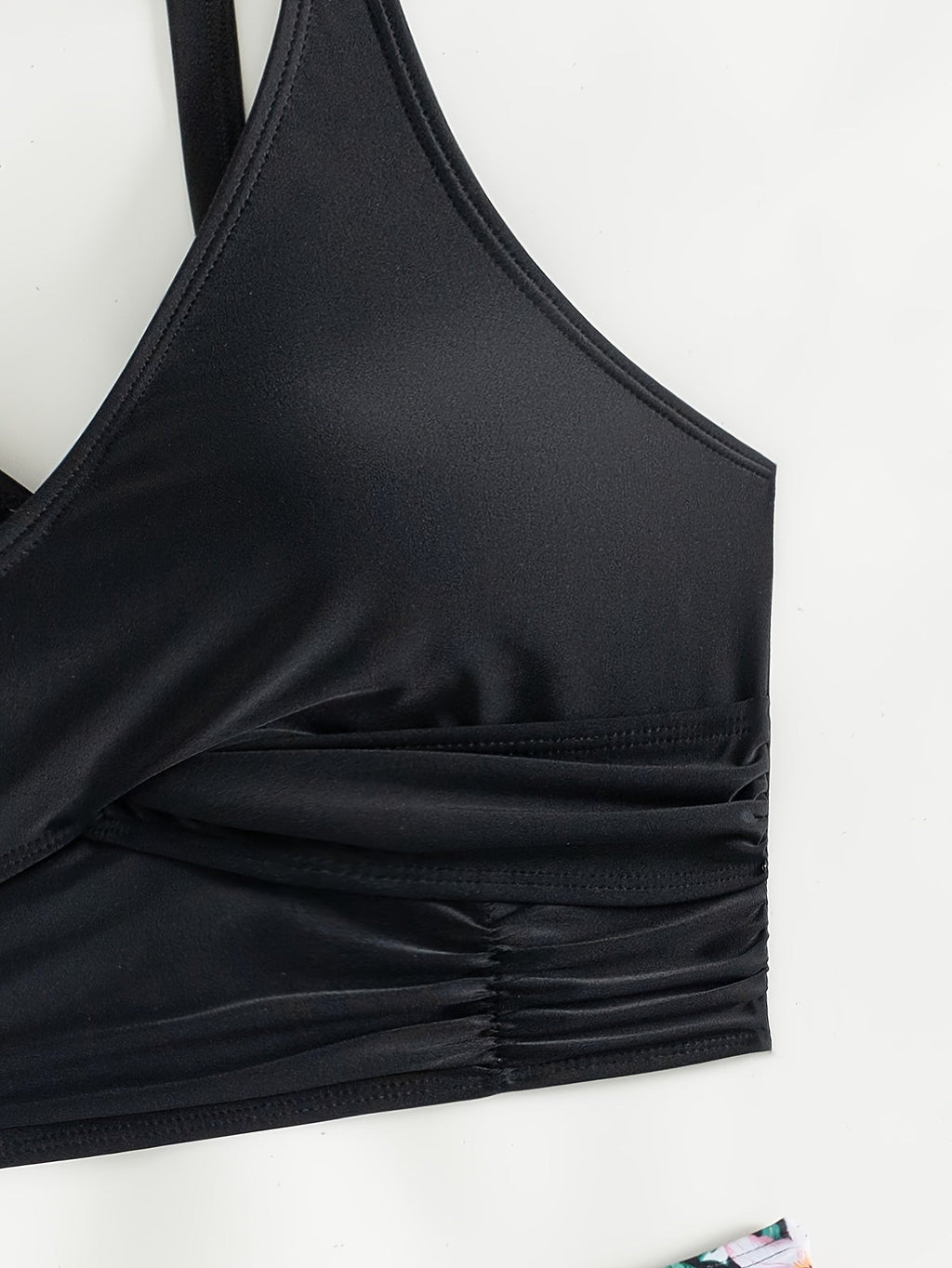 Bikini Solid Black Twist Front High Waist 2 Piece Swimsuit for Women – Stretchy V Neck Bikini Set with Ruched Tummy Control and Cross Strape Detail – Quick Drying Polyamide Swimwear for Beachwear Poolside and Summer Travel