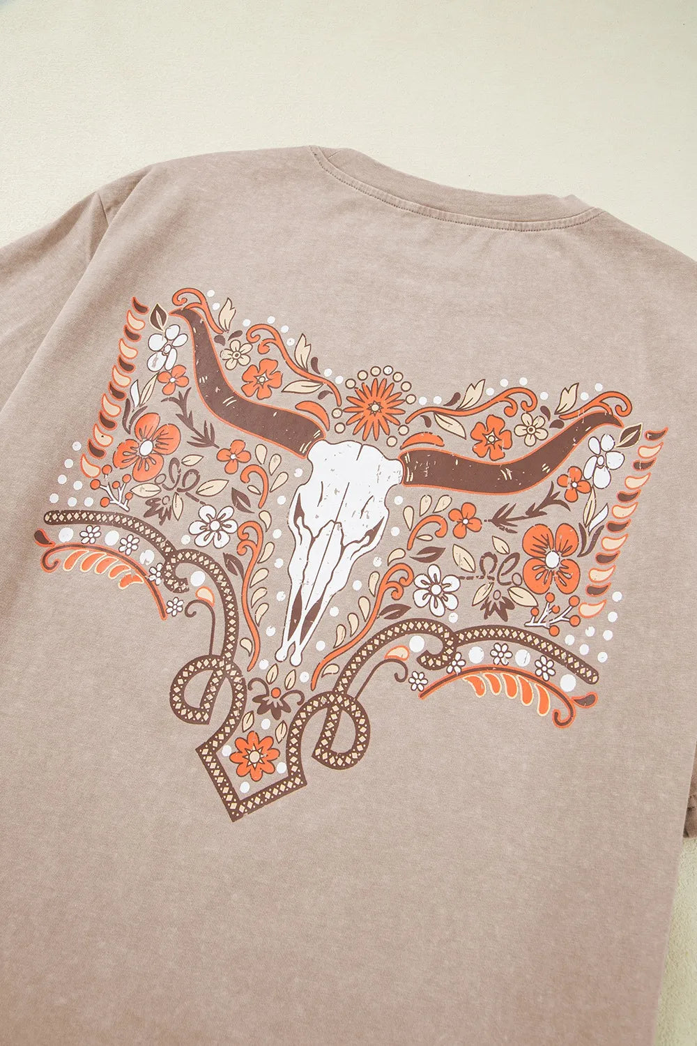 Mineral Wash Floral Steer Head Printed Back Western Fashion Tee