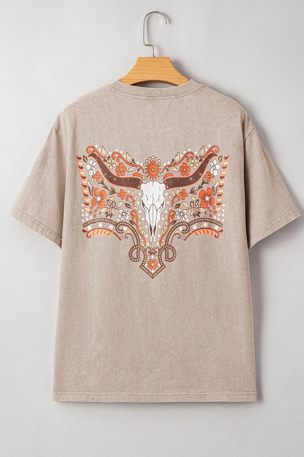 Mineral Wash Floral Steer Head Printed Back Western Fashion Tee