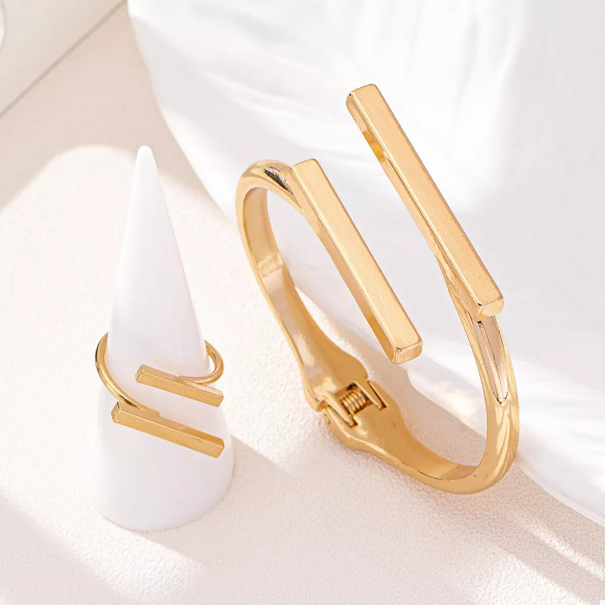 Adjustable 18K Gold-Plated Bar Bracelet and Ring Set