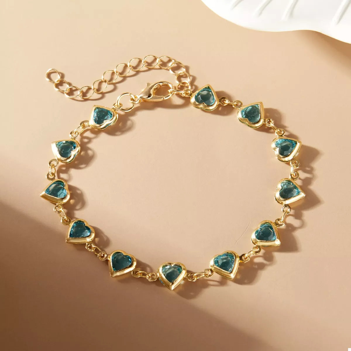 18K Gold-Plated Green Glass Diamond Heart Bracelet
