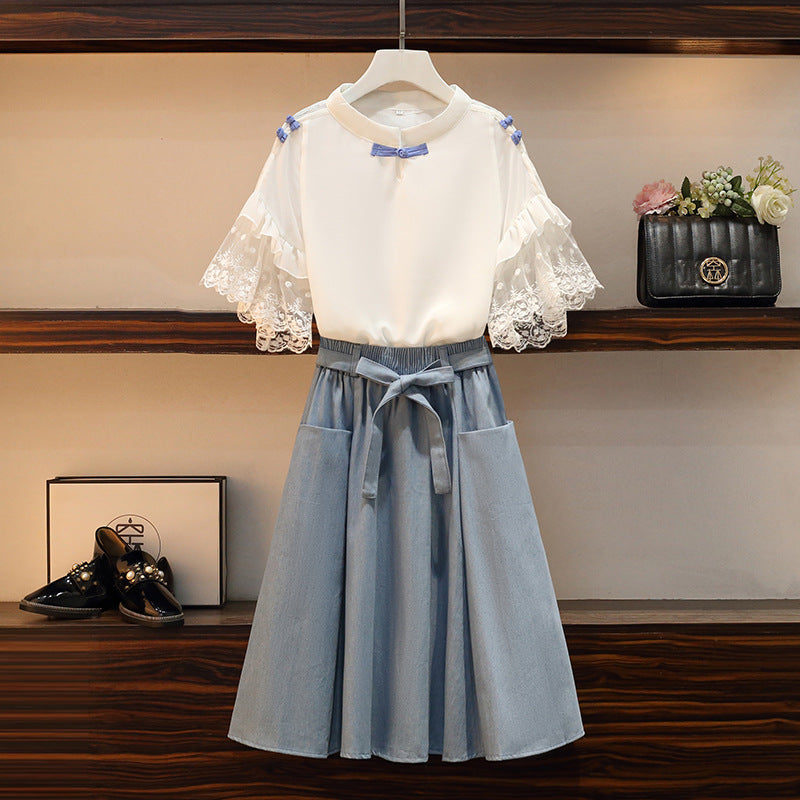Plus Size Women's Loose And Slim Stitching Chiffon Top Suit