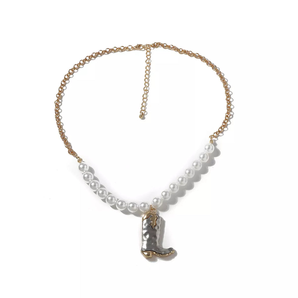 Western Style Pearl Boot Pendant Necklace