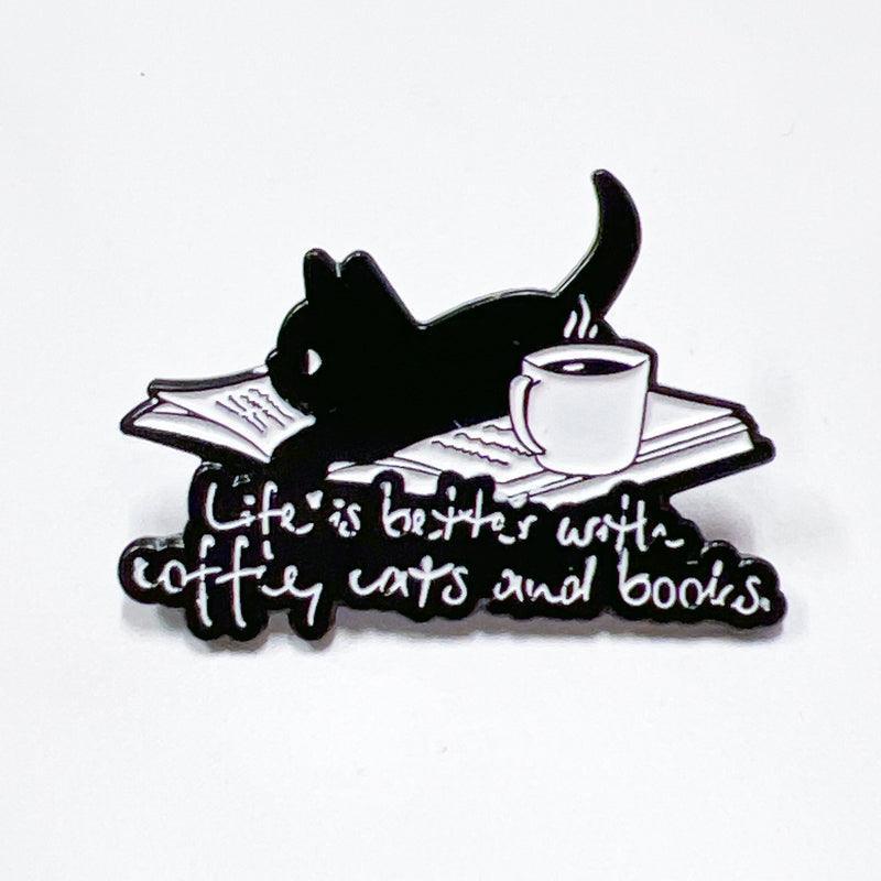Cute Book Coffee Cat Enamel Pin for Bibliophiles and Pet Fans