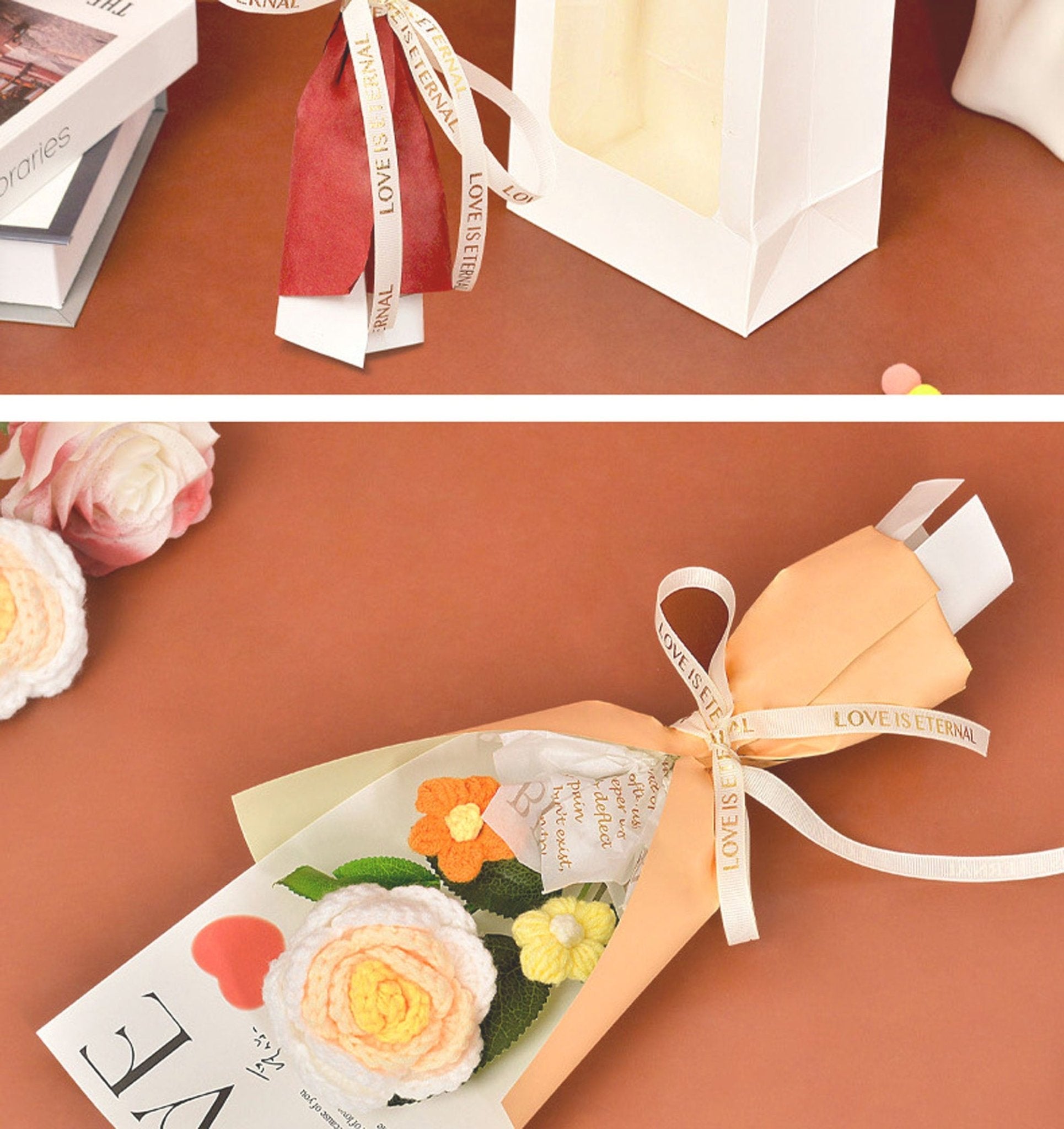 Rose Crochet Bouquet with Gift Bag for Valentines Day Mothers Day