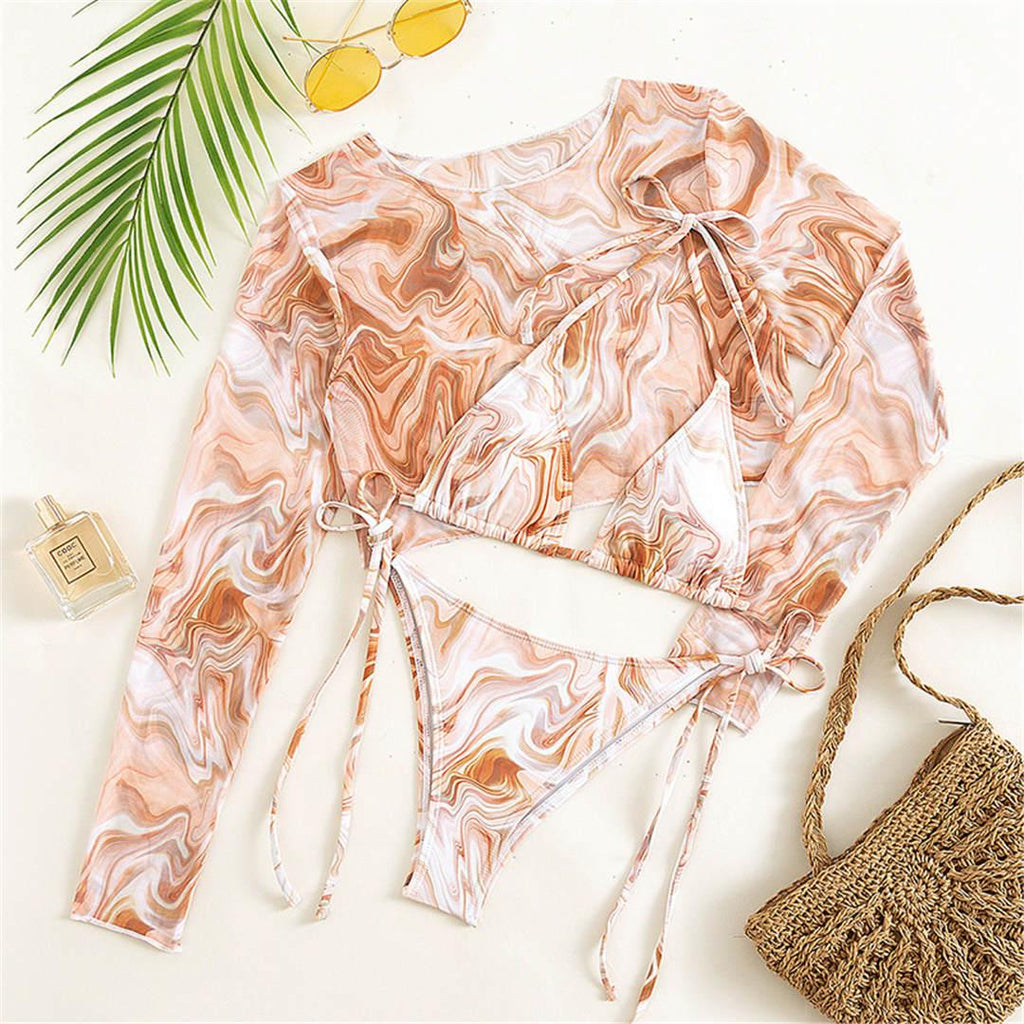 Vintage Halter Printed Leopard Bikini Female Lace Up Bottom Swimsuit Women Swimwear Long Sleeve Bathing Suits Leopard Print Swimsuit Three-pieces Bikini Set Long Sleeve Bathing Suit Cute Swimwear